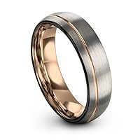 Tungsten Wedding Band Ring 6mm for Men Women 18k Rose Yellow Gold Plated Dome Off Set Line Black Grey Brushed Polished