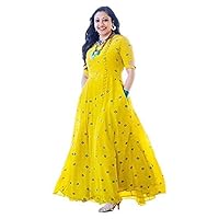 TRENDING24 Women’s Yellow Hand Embroidered Mirror Work Dress for Casual or Festive Season Ruffle Short Sleeve Bohemian Tiered Long Maxi Dress
