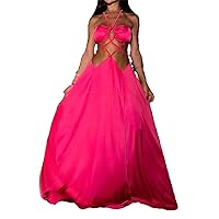 Women's Spaghetti Strap Dress Solid Color Sleeveless Backless Waist Slit Maxi Dresses
