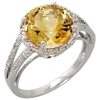 14k White Gold Large Stone Ring, w/ 0.10 Carat Brilliant Cut Diamonds & 5.06 Carats 10mm Brilliant Cut Citrine Stone, 7/16