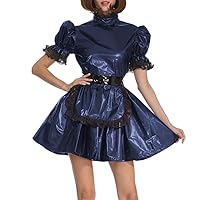 Lockable Lace Trims A-line PVC Shiny Maid Dress Exotic Short Puff Sleeve Apron Mini Maid Uniforms