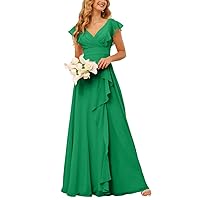 Ruffles Short Sleeve Bridesmaid Dress Long Chiffon A-Line Formal Dress