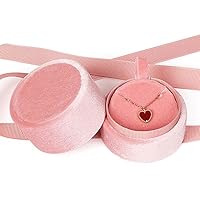 Small Necklace Gift Box - Velvet Pendant Case Portable Round Jewelry Storage with Elegant Ribbon Bow for Birthday, Mothers Day, Christmas, Wedding, Anniversary （Pink）