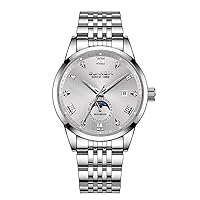 GUANQIN Men's Business Watch, Analog Automatic Mechanical Watch, Men's Stainless Steel, Leather, Sapphire Crystal, Male Watch, Calendar, Moon Phase Luminous, Multifunctional Diamond Dial Waterproof, silvery grey, Bracelet Type
