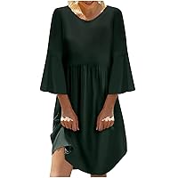 Cotton Linen Dress Women Summer 2024 Crewneck Ruffle 3/4 Sleeve Knee-Long T Shirt Dresses Loose Solid Casual Beach Dress