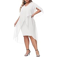 Hanna Nikole Womens Plus Size Chiffon Cocktail Dress Ruffle 3/4 Sleeve Wedding Guest Party Dresses with High Low Hem