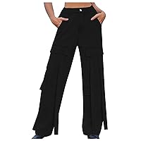 Wide Leg Cargo Jeans for Women High Wasit Flowy Band Denim Pants Elastic Back Casual Baggy Pant with Multi-Pockets