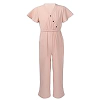 FEESHOW Junior Girls Casual Romper Ruffle Short Sleeve V-neck Tops Loose Long Pants Jumpsuit for Summer Daily wear