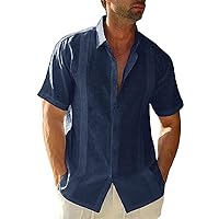 Mens Casual Linen Cotton Button Down Short Sleeve Shirts Cuban Camp Guayabera Beach Tops
