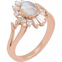 14k Rose Gold Natural Rainbow Moonstone Oval 7x5mm Diamond Polished and 0.5 Carat Celestial Ring S Jewelry for Women
