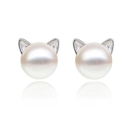 S.Leaf Cat Earrings Pearl Earrings Sterling Silver Studs Earrings for Women Cat Lover Gift for Cat Lovers
