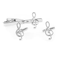 Music Treble Note Cufflinks Pair of Cufflinks & Tie Bar Clip with Presentation Gift Box & Polishing Cloth