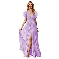 Women's Ruffle Sleeves Bridesmaid Dresses for Wedding 2024 Ruched Chiffon V Neck Long Formal Evening Dresses with Slit