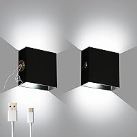 Dimmable LED Wall Sconce Battery Powered Set of 2, Touch Control Wall Light Rechargeable Black, Modern Up Down Wall Mount Lights for Hallway Bedroom, Cool White, LG9939112