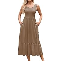 Women Sundress Long Dresses for Women 2024 Solid Color Simple Classic Casual with Sleeveless Square Neck Tunic Dress Khaki Small