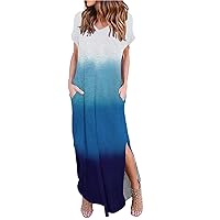 Dress for Women Women Summer Dress V Neck Print Maxi Dress Casual Loose Pocket Long Dresses Short Sleeve Split