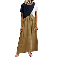 Women's Loose Fit Linen Casual Color Block Maxi Dress Short Sleeve Crew Neck Flowy Hem Summer Beach Long Dress
