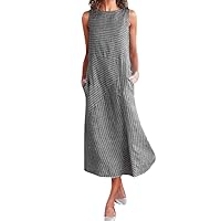 Women’s Casual Cotton Linen Tank Dress Summer Loose Striped T-Shirt Dresses Sleeveless Beach Sundress with Pockets