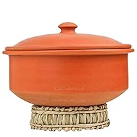 Swadeshi Blessings HandMade Exclusive Range Unglazed Earthen Kadai/Mud Handi/Mitti Ke Bartan/Clay Pot for Cooking & Serving with Lid(with Mirror Shine) + Free Palm Leaf Stand (3.5 Liters)