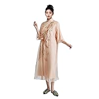 Womens Dress Silk Organza Embroidery Phoenix Chinese Traditional Loose Side Belt Midi Improved Hanfu 2820