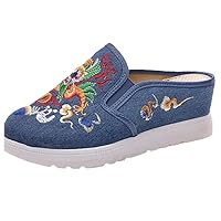 Chinese Embroidery Women's Casual Canvas Wedge Slippers Medium Hidden Heel Slip-On Comfort Platform Slides Shoes