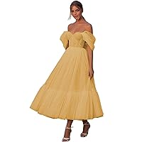 Tulle Prom Dress for Women Puffy Sleeve Off Shoulder Sweetheart Tea Length Formal Evening Party Gown JYH11