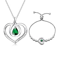 AGVANA May Birthstone Emerald Heart Necklace Bracelet for Women Sterling Silver Infinity Love Pendant Fine Jewelry Set Mothers Day Gifts for Mom Anniversary Birthday Gifts for Mother Her