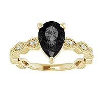 Love Band 2.00 CT Art Deco Pear Shape Black Diamond Engagement Ring 14k Yellow Gold, Milgrain Tear Drop Black Diamond Ring, Scalloped Black Onyx Pear Ring, Perfect Ring For Her