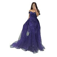 Women's Mermaid Lace Evening Dress Off The Shoulder Prom Gown with Detachable Train