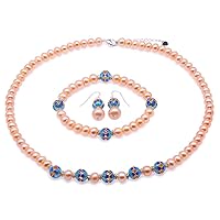 Necklace Set 7-8mm Pink Freshwater Cultured Pearl Necklace Bracelet and Earrings Jewelry Set