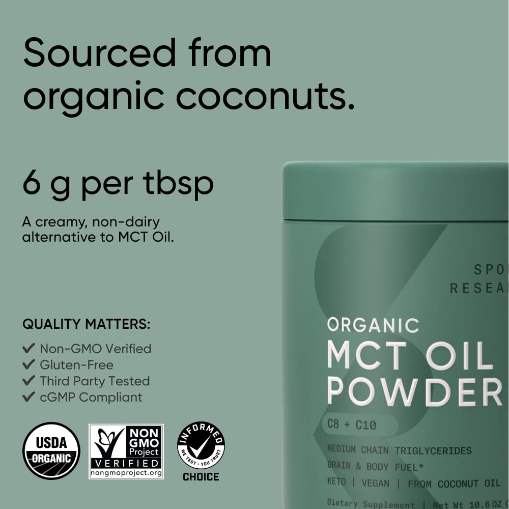 Sports Research Organic MCT Oil Powder - Keto & Vegan MCTs C8, C10 from Coconuts - Fatty Acid Brain & Body Fuel, Non-GMO & Gluten Free - Unflavored, Perfect in Coffee, Tea & Protein Shakes - 10.6 oz