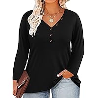 RITERA Plus Size Tops for Women Long Sleeve Shirt V Neck Button Side Tunics Basic Tshirt Loose Solid Fall Blouses Black XL