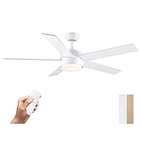 52 inch White Ceiling Fans with Lights and Remote Control, 3 CCT Quiet Reversible Motor, Wooden 5 Blades LED Modern Ceiling Fan for Bedroom, Living Room, Dining Room