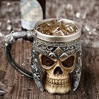 Pankerouc Viking Drinking Skull Mug，Medieval Style Skull Skeletons Coffee Mug, Stainless Steel Liner Viking Pirate Skull Warrior Beer Mug for Coffee Juice Wine Liquor Beer - 450 Ml -15 Oz