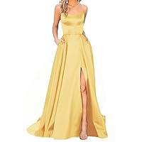 Long Side Slit Prom Dresses with Pockets Satin Halter Formal Party Gowns