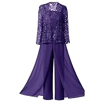 Mother of The Bride Pant Suits 3 Pcs Lace Mother of The Groom Dresses with Jacket Long Sleeve