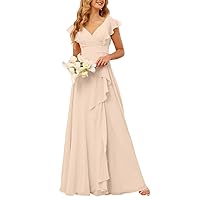 Ruffles Short Sleeve Bridesmaid Dress Long Chiffon A-Line Formal Dress