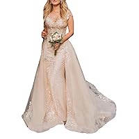Melisa Sequins Crewneck Bridal Ball Gowns with Detachable Train Lace Mermaid Wedding Dresses for Bride