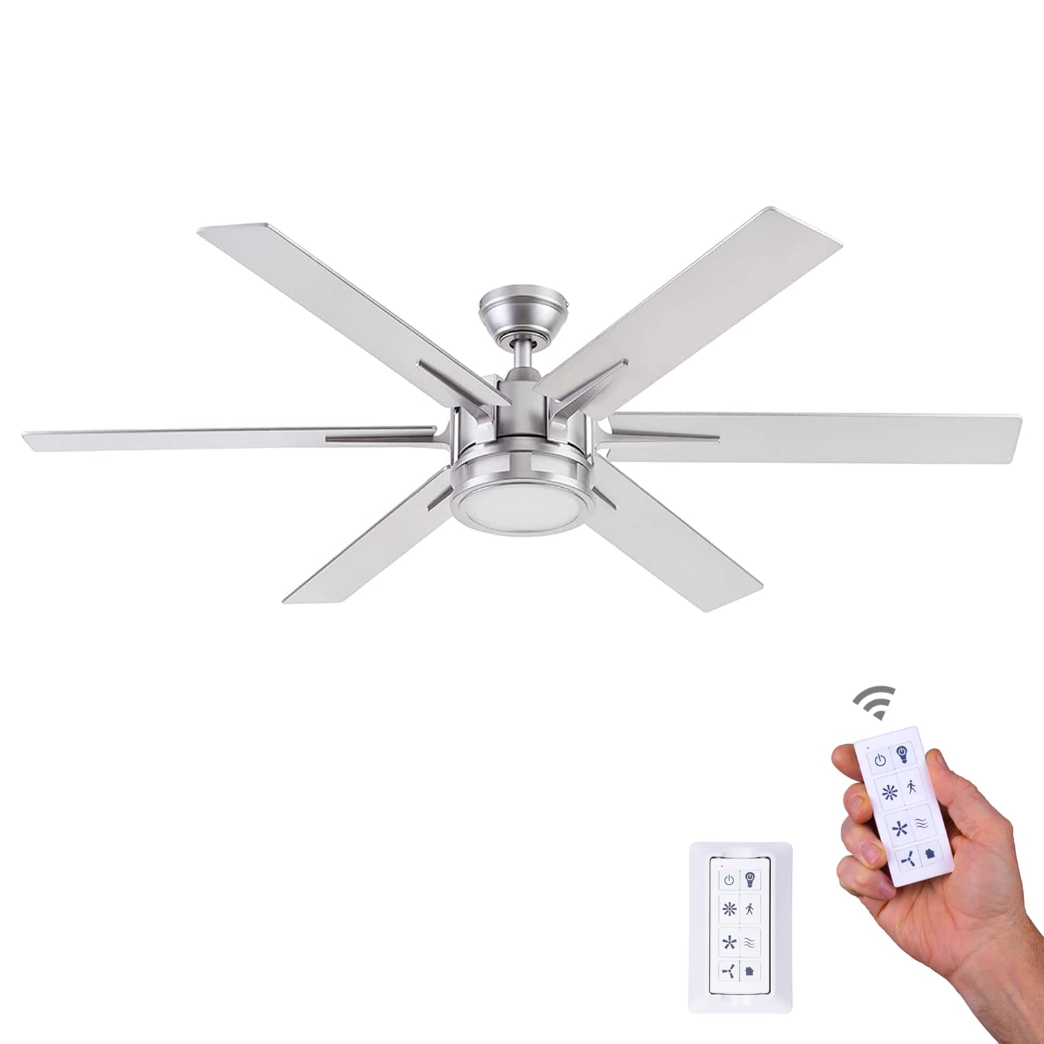 Honeywell Ceiling Fans Kaliza, 56 Inch Indoor Modern LED Ceiling Fan with Light and Remote Control, Dual Mounting Options, 6 Blades with Dual Finish, Reversible Motor - 51626-01 - (Matte Nickel)