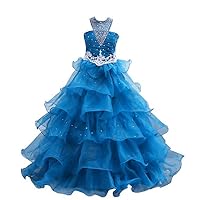 VeraQueen Girl's Halter Beads Layers Pageant Dresses Sleeveless Backless Flower Girls' Dresses Blue