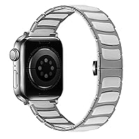 MaKTech Ceramic Band,Thin Stainless Steel Inlaid Ceramic Link Bracelet Strap,for Apple Watch 9/Ultra 2/SE/8/7/2023 (45mm/44mm/49mm,Silver/White)