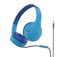 Belkin SoundForm Mini Kids Wired Headphones with Built-in Microphone & Fun Stickers, 85dB Safe Volume Limit – for Online Learning, Travel, Compatible w/iPhone 15, iPad, Galaxy S23, & More - Blue