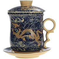 Convenient Travel Office Loose Leaf Tea Brewing System-Chinese Jingdezhen Blue and White Porcelain Tea Cup Infuser 5-Piece Set with Tea Cup Lid and Saucer (Dragon Pattern)