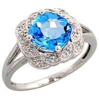 14k White Gold Stone Ring, w/ 0.04 Carat Brilliant Cut Diamonds & 2.63 Carats 7.5mm Cushion Cut Blue Topaz Stone, 7/16