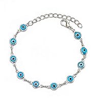 Stainless Steel Womens Girls Charm Bracelet Blue Enamel Evil Eye Hamsa Protection Link Chain Wristband 8.26 Inch