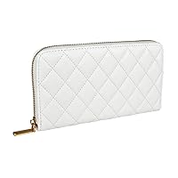 Luxury Real Leather Zip Around Travel Wallet | Large Capicity Card Holder Organizer | Classic Phone Clutch for Men Women (Pearl White Quilted)