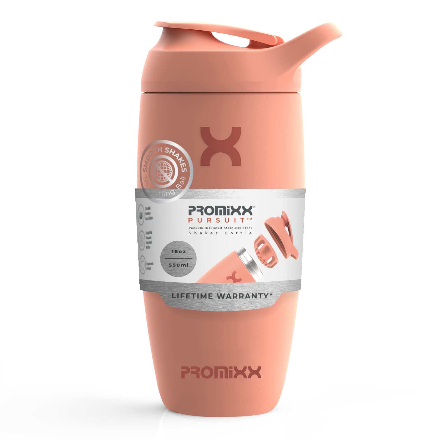 Promixx Pursuit Shaker Bottle Insulated Stainless Steel Water Bottle and Blender Cup, 18oz, Coral