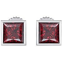 Princess Cut Created Red Garnet 14K White Gold Plated 925 Sterling Silver Fashion Four Bezel Setting Stud Earrings Great Gift for Any Occasion For Womens Girls (4MM To 10 MM)