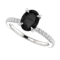 1.00 CT Under Halo Oval Black Diamond Engagement Ring 14k White Gold, Invisible Oval Black Moissanite Ring, Surprise Halo Oval Black Onyx Ring, Fancy Ring For Her