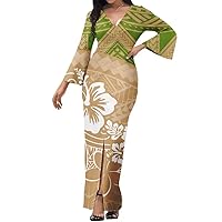 Women's Polynesian V-Neck Flared Sleeves high Waist Slit Straight Dress, Hawaiian Dress